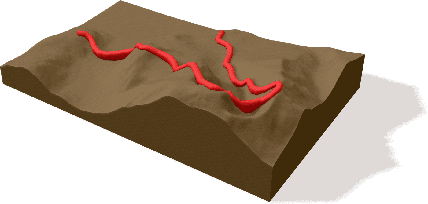 A terrain model of Ben Nevis with the walking route raised in red across the ridge